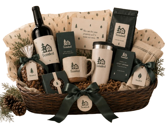 Tended welcome basket with branded packaging and local Northern Michigan gifts.