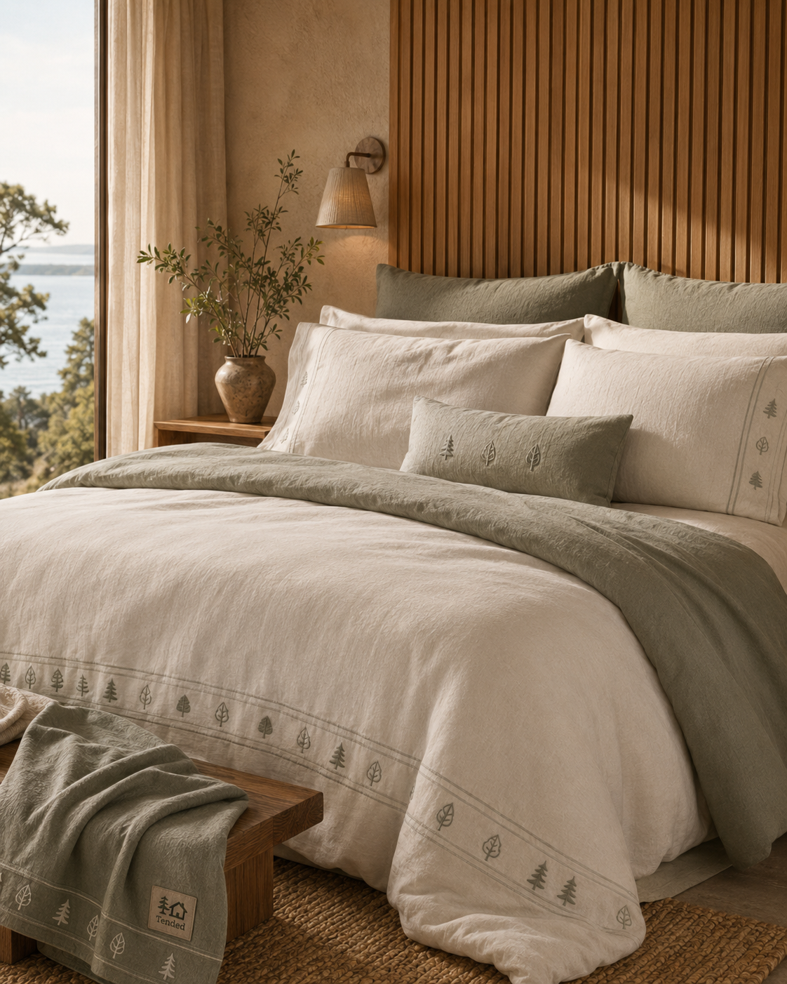 Tended-styled bedroom with embroidered linens, layered pillows, and a coastal Northern Michigan view.